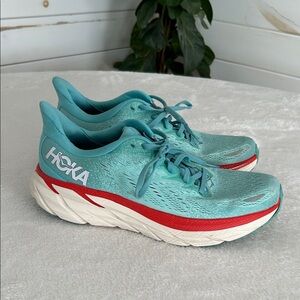 Hoka Clifton 8 Women's Athletic Shoes - Aqua and Crimson. Size 8.5 US
